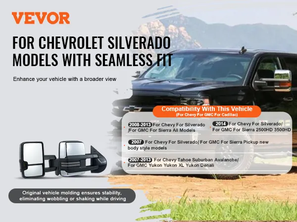 VEVOR-sleepspiegels voor Chevrolet Silverado: naadloze pasvorm, breder zicht, stabiel, geen wiebelen.