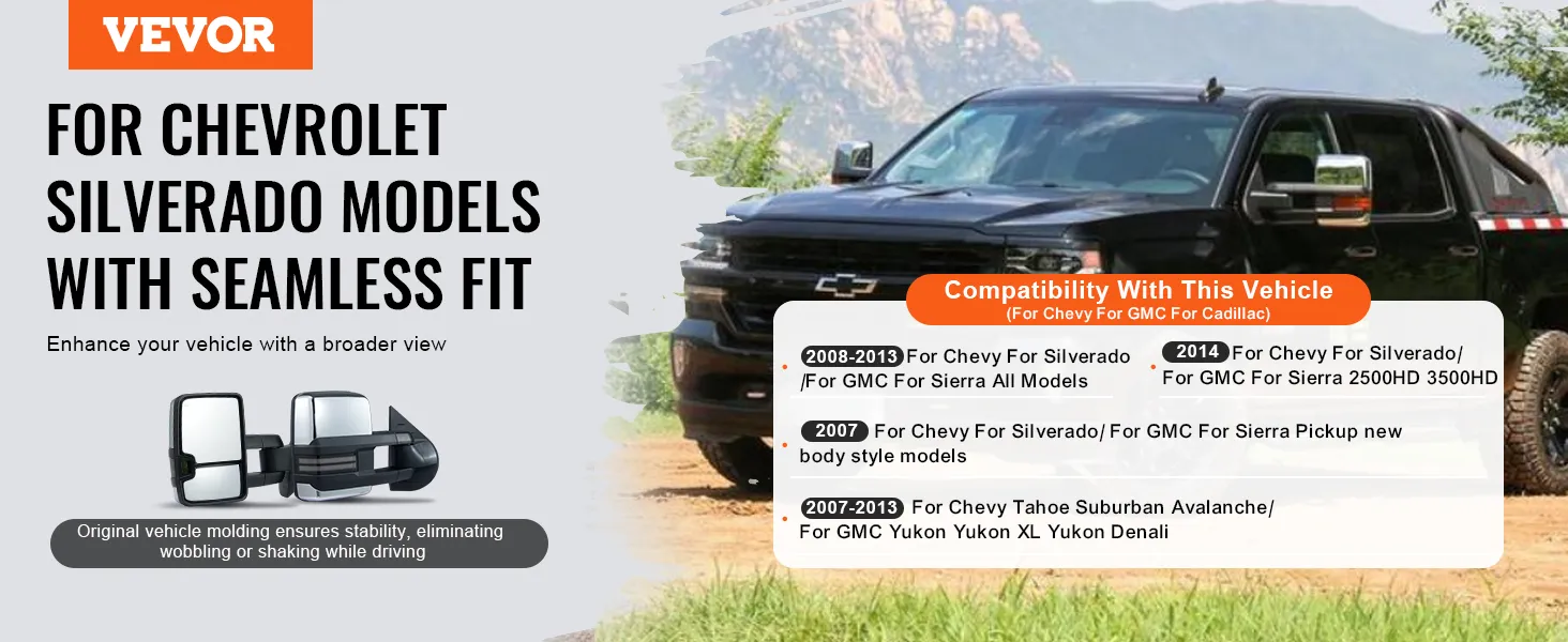 VEVOR-sleepspiegels voor Chevrolet Silverado: naadloze pasvorm, breder zicht, stabiel, geen wiebelen.