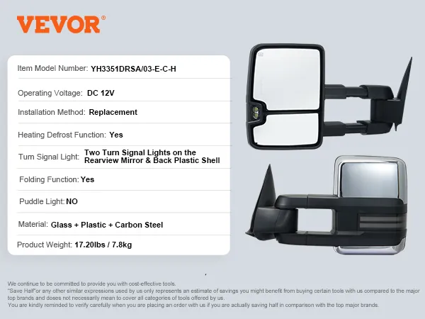 VEVOR towing mirrors, dc 12v, replacement installation, folding, heating, signal lights, 17.20 lbs.