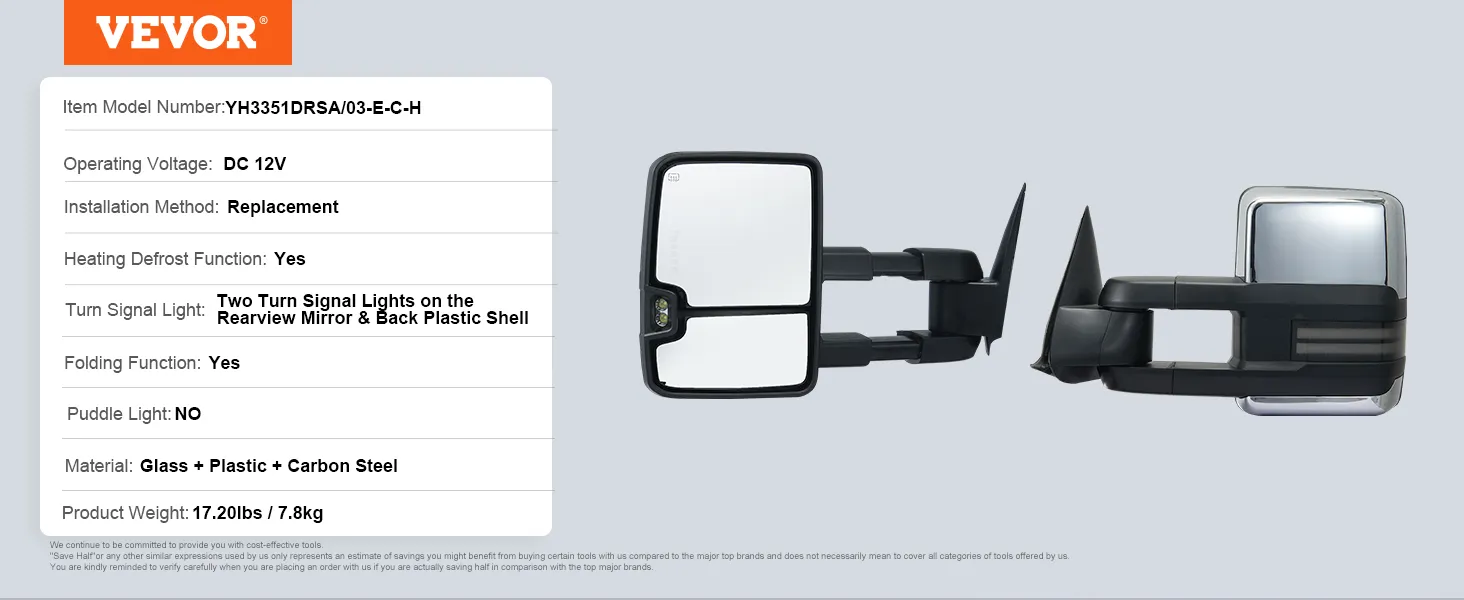 VEVOR towing mirrors, dc 12v, replacement installation, folding, heating, signal lights, 17.20 lbs.