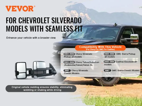 VEVOR towing mirrors for chevrolet silverado, seamless fit, black truck with mountains in the background.