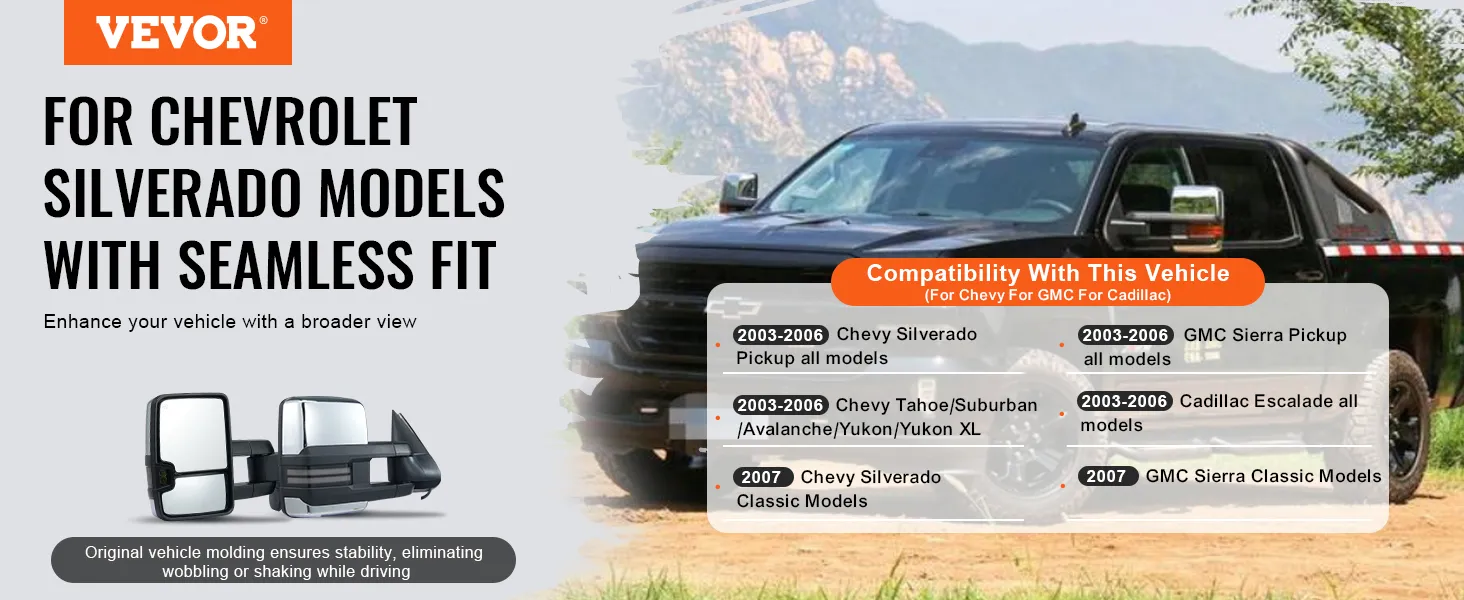VEVOR towing mirrors for chevrolet silverado, seamless fit, black truck with mountains in the background.