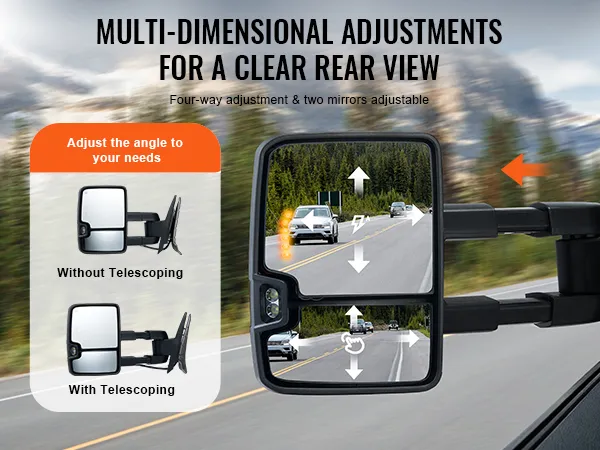 VEVOR towing mirrors with multi-dimensional adjustments for a clear rear view and telescoping feature.
