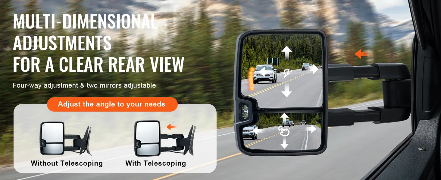 VEVOR towing mirrors with multi-dimensional adjustments for a clear rear view and telescoping feature.