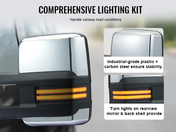 VEVOR towing mirrors with integrated turn lights and durable plastic plus carbon steel construction.