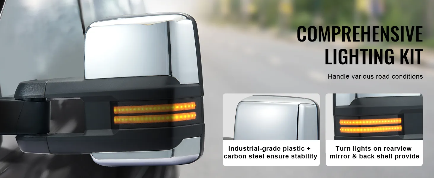 VEVOR towing mirrors with integrated turn lights and durable plastic plus carbon steel construction.
