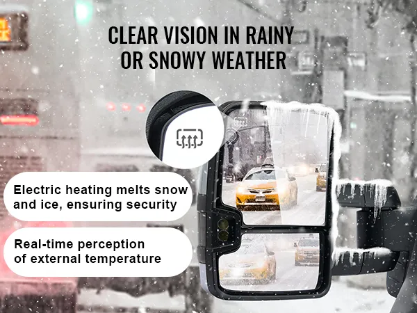 VEVOR towing mirrors with electric heating for clear vision in snowy weather and real-time temperature perception.