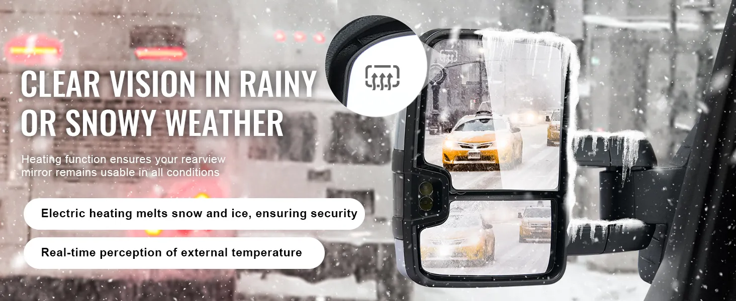 VEVOR towing mirrors with electric heating for clear vision in snowy weather and real-time temperature perception.