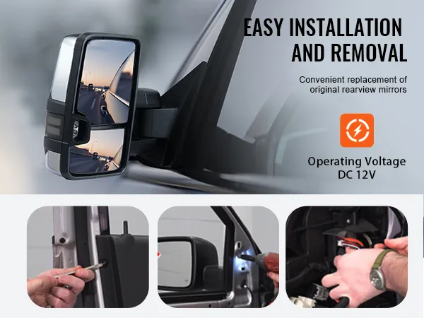 VEVOR towing mirrors with easy installation and removal, operating voltage dc 12v.
