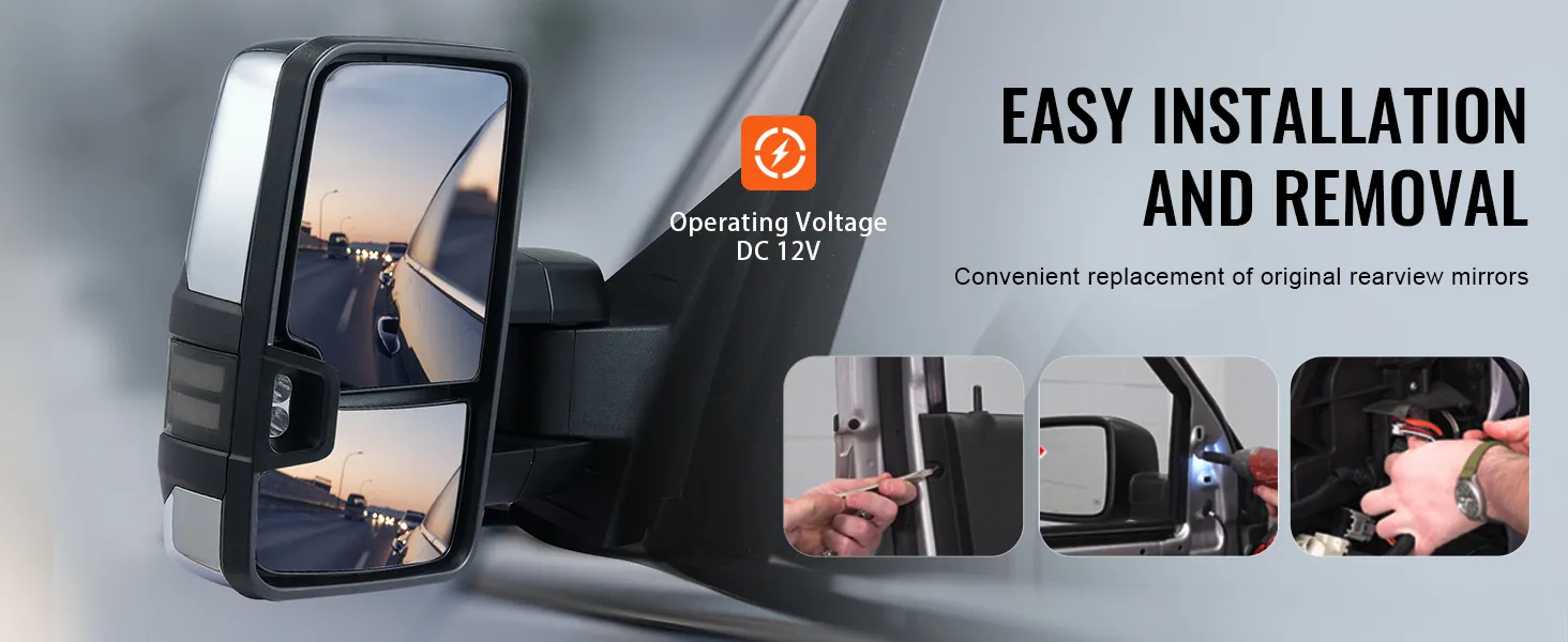 VEVOR towing mirrors with easy installation and removal, operating voltage dc 12v.