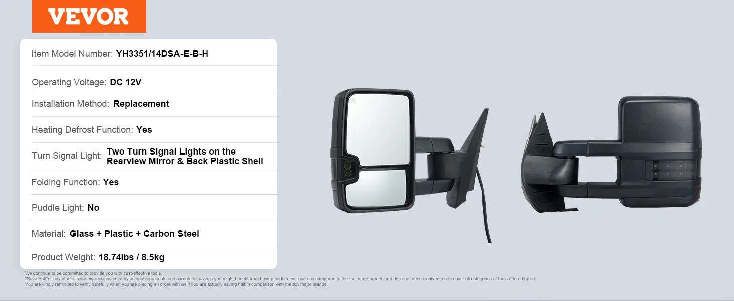 VEVOR towing mirrors silverado with turn signals, heating defrost, folding function, and replacement method.