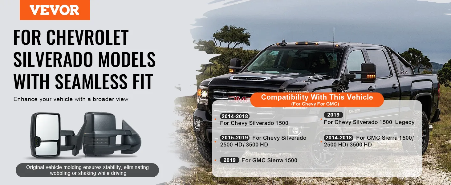 VEVOR towing mirrors for chevrolet silverado models 2014-2021, enhancing broader vehicle view.