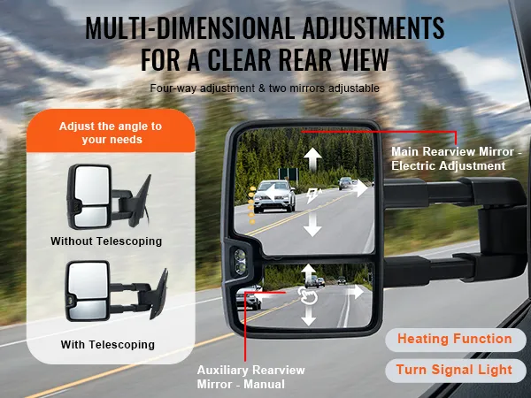 VEVOR towing mirrors silverado with multi-dimensional adjustments, heating function, and turn signal light.