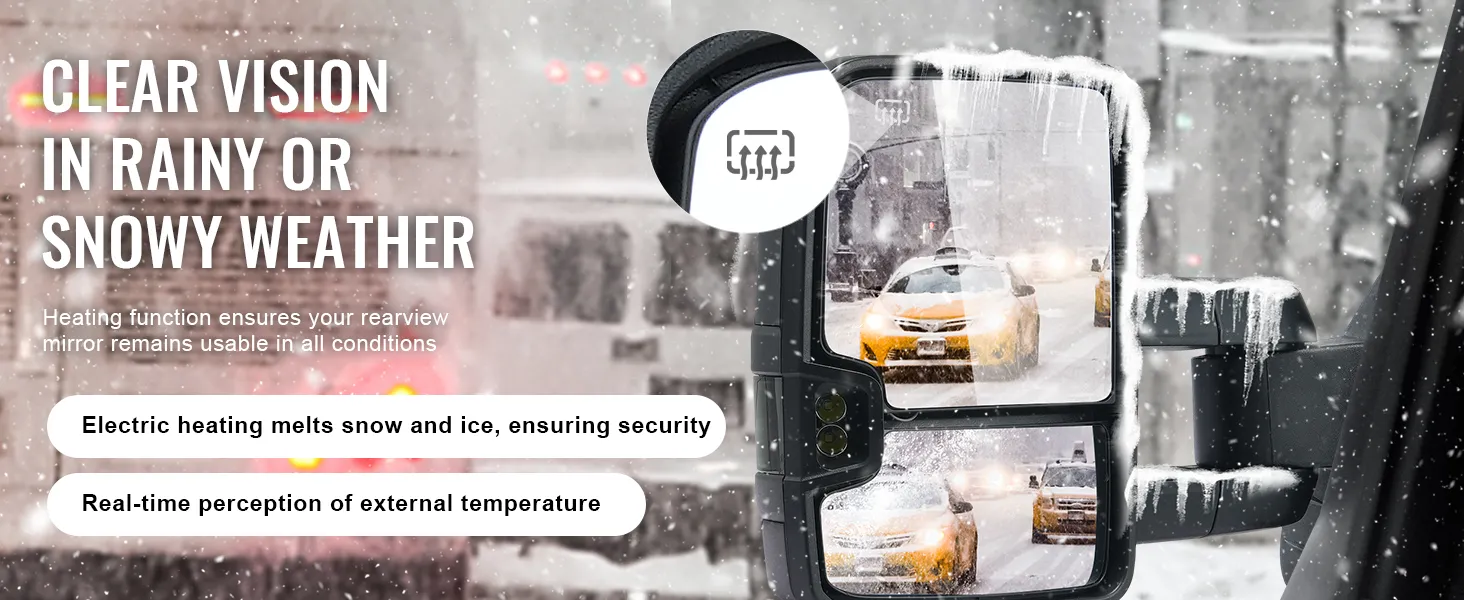 VEVOR towing mirrors silverado offer clear visibility in snowy weather with electric heating and temperature sensors.