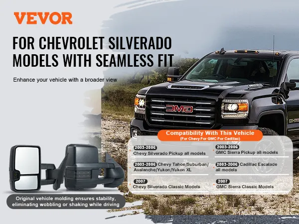 VEVOR sleepspiegels voor Chevrolet Silverado-modellen, verbeteren het zicht op het voertuig en de stabiliteit.