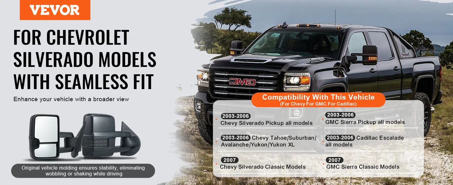 VEVOR sleepspiegels voor Chevrolet Silverado-modellen, verbeteren het zicht op het voertuig en de stabiliteit.