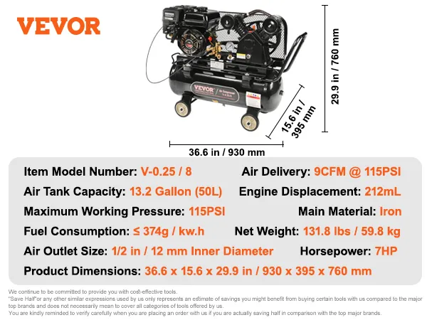 VEVOR gas powered air compressor with 13.2-gallon tank, 7hp engine, 115psi, and 9cfm air delivery.