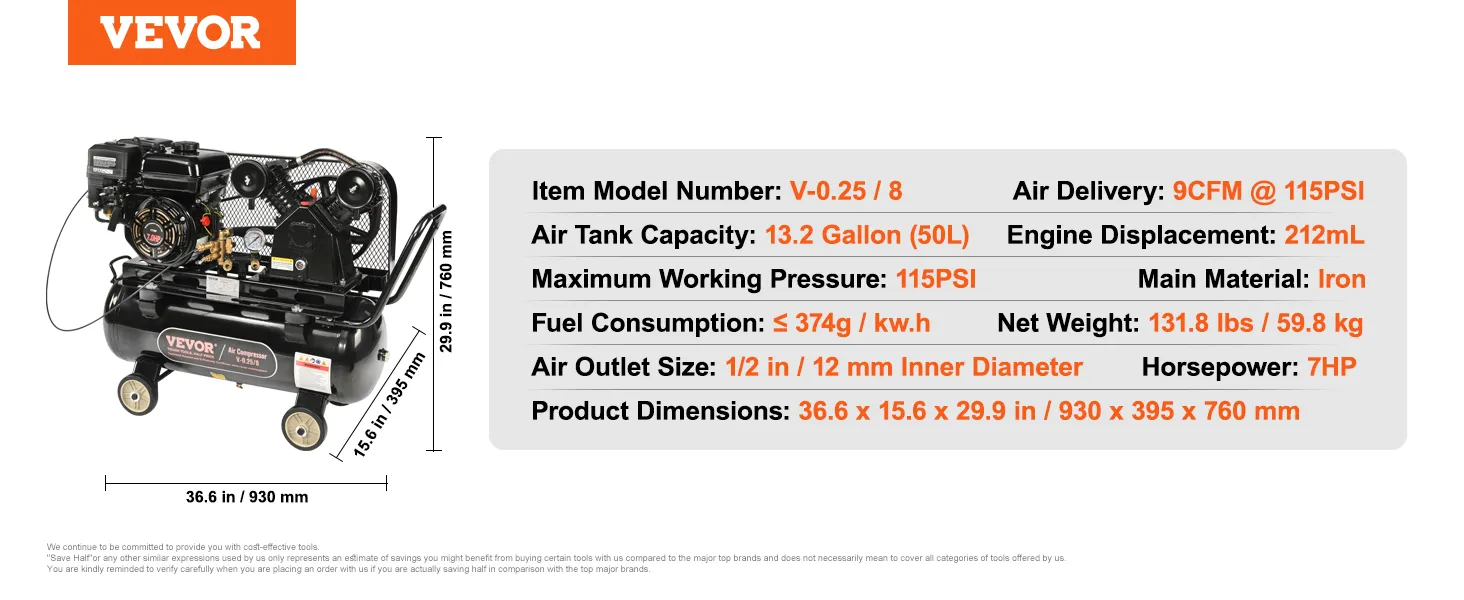 VEVOR gas powered air compressor with 13.2-gallon tank, 7hp engine, 115psi, and 9cfm air delivery.