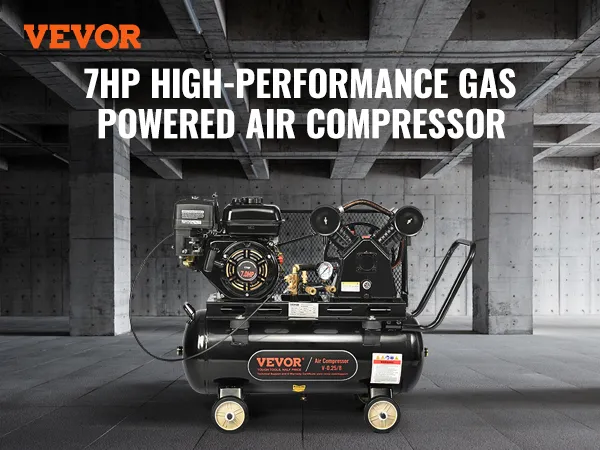 VEVOR gas powered air compressor, 7hp, 9cfm@115psi, 115psi max, 374g/kw.h fuel, 212ml engine.