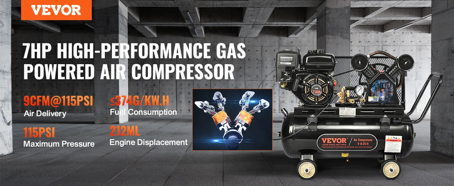 VEVOR gas powered air compressor, 7hp, 9cfm@115psi, 115psi max, 374g/kw.h fuel, 212ml engine.