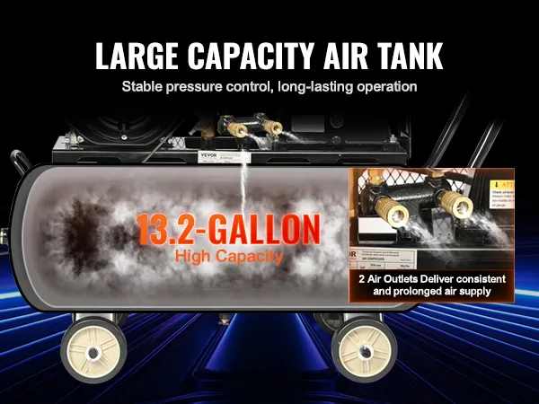 VEVOR gas powered air compressor with 13.2-gallon tank, stable pressure control, and dual air outlets.