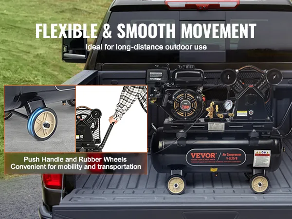 VEVOR gas powered air compressor in truck bed, showcasing push handle and rubber wheels for mobility.