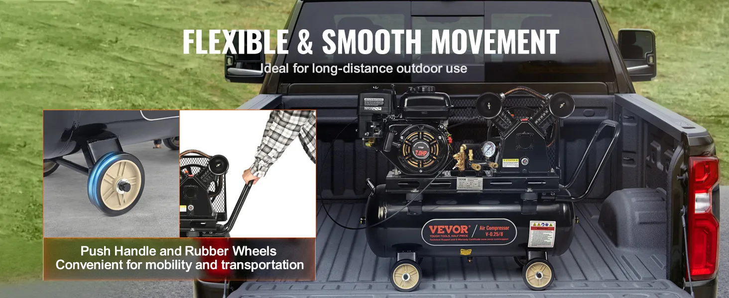VEVOR gas powered air compressor in truck bed, showcasing push handle and rubber wheels for mobility.