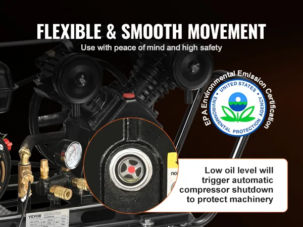 mechanic using a VEVOR gas powered air compressor for truck tire maintenance, showcasing eco-friendly design.