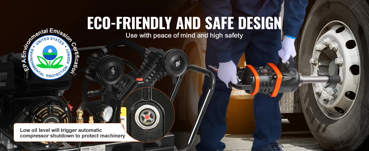 mechanic using a VEVOR gas powered air compressor for truck tire maintenance, showcasing eco-friendly design.