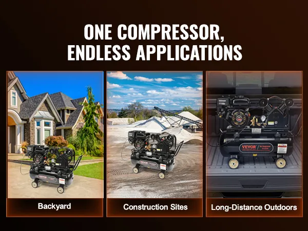 VEVOR gas powered air compressor in backyard, construction sites, and truck bed for versatile use.