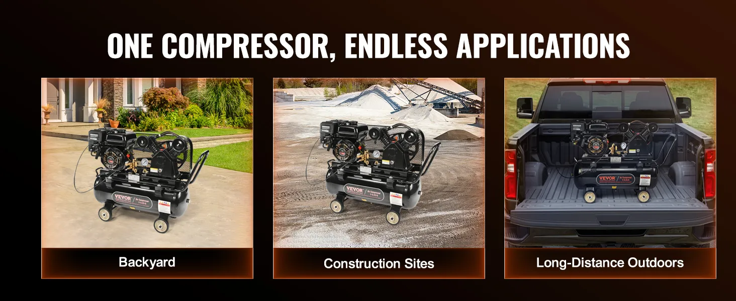 VEVOR gas powered air compressor in backyard, construction sites, and truck bed for versatile use.