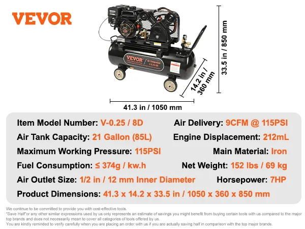Compresor de aire a gas VEVOR, 21 galones, 7 hp, 115 psi, suministro de aire de 9 cfm, 41,3 x 14,2 x 33,5 pulgadas.