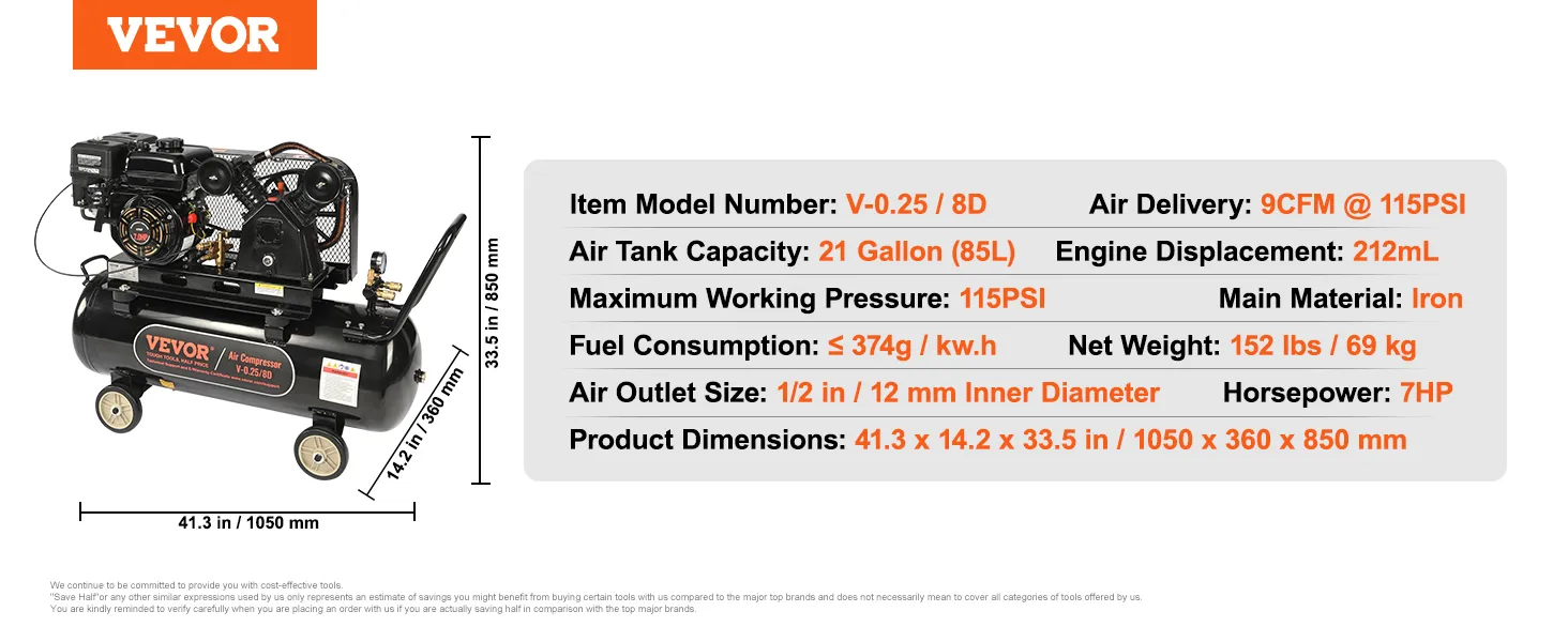 Compresor de aire a gas VEVOR, 21 galones, 7 hp, 115 psi, suministro de aire de 9 cfm, 41,3 x 14,2 x 33,5 pulgadas.