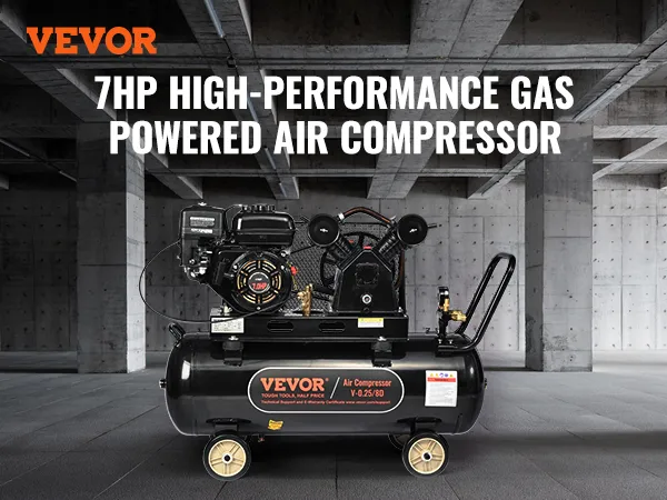 Compresor de aire a gas VEVOR, 7 hp, 9 cfm a 115 psi, cilindrada del motor 212 ml, presión máxima 115 psi.