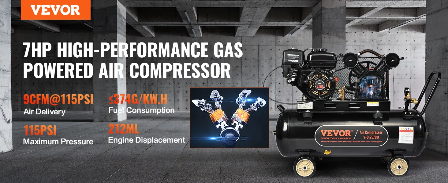 Compresor de aire a gas VEVOR, 7 hp, 9 cfm a 115 psi, cilindrada del motor 212 ml, presión máxima 115 psi.