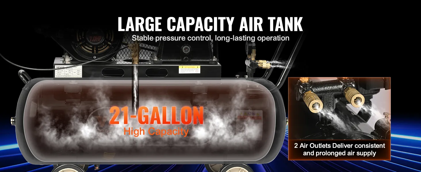 Compresor de aire a gas VEVOR con tanque de 21 galones, gran capacidad para un funcionamiento estable y duradero.