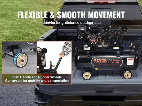 Compresor de aire a gas VEVOR en plataforma de camión con ruedas de goma y asa de empuje para facilitar el transporte.