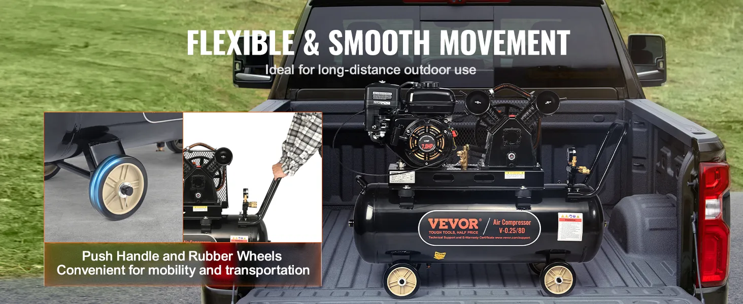 Compresor de aire a gas VEVOR en plataforma de camión con ruedas de goma y asa de empuje para facilitar el transporte.