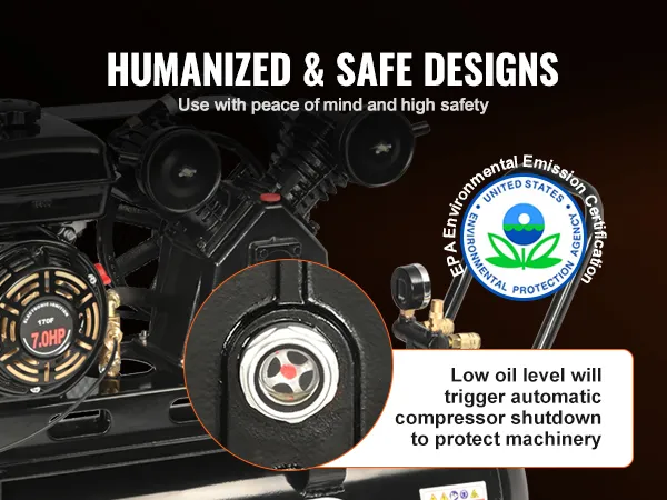 Compresor de aire a gas VEVOR con certificación EPA, enfoque en la seguridad y función de apagado automático.