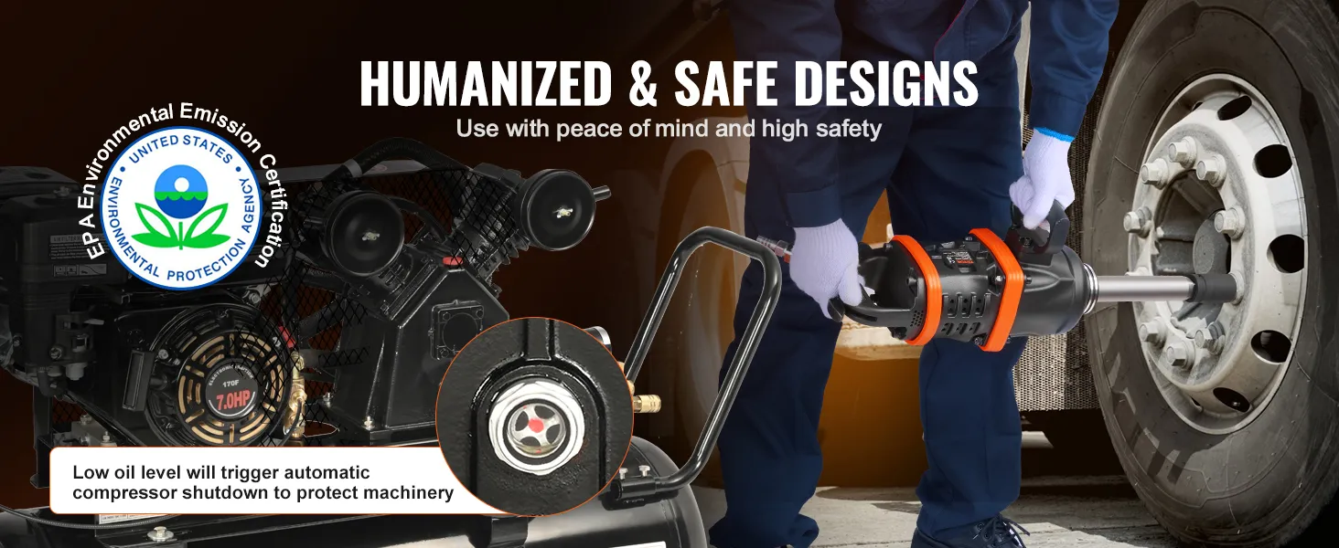 Compresor de aire a gas VEVOR con certificación EPA, enfoque en la seguridad y función de apagado automático.