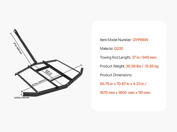 Trattore stradale VEVOR con barra trasversale regolabile, adatto per ATV, UTV, trattorini tosaerba; 21,8 kg, acciaio Q235.