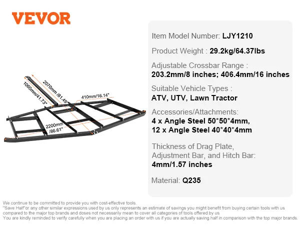 VEVOR driveway drag dimensions, weight 29.2kg, adjustable crossbar, suitable for atv, utv, lawn tractor.