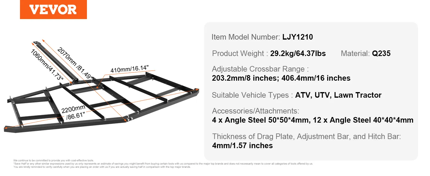 VEVOR driveway drag dimensions, weight 29.2kg, adjustable crossbar, suitable for atv, utv, lawn tractor.