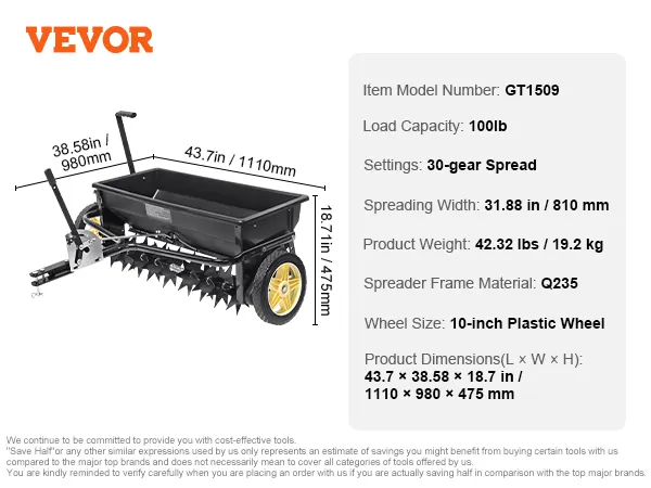 VEVOR-Saatgutstreuer gt1509, 100 lb Tragkraft, 30-Gang-Streuung, 10-Zoll-Räder, 31,88 Zoll Streubreite.