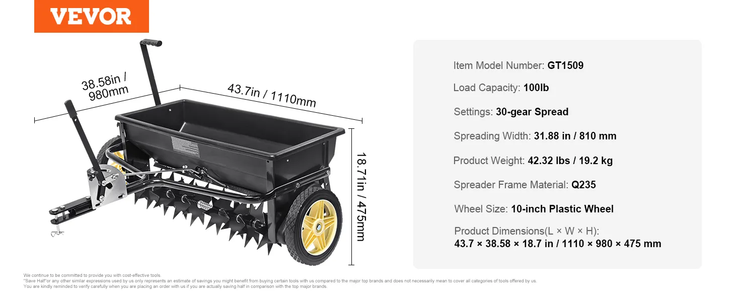 VEVOR-Saatgutstreuer gt1509, 100 lb Tragkraft, 30-Gang-Streuung, 10-Zoll-Räder, 31,88 Zoll Streubreite.
