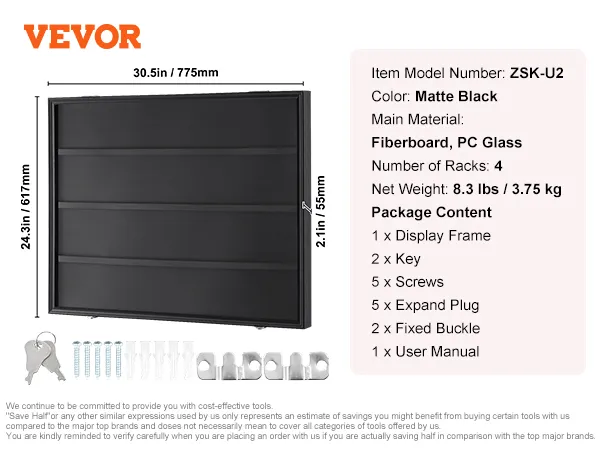 VEVOR sports card display case, matte black, model zsk-u2, fiberboard, pc glass, 4 racks, accessories included.
