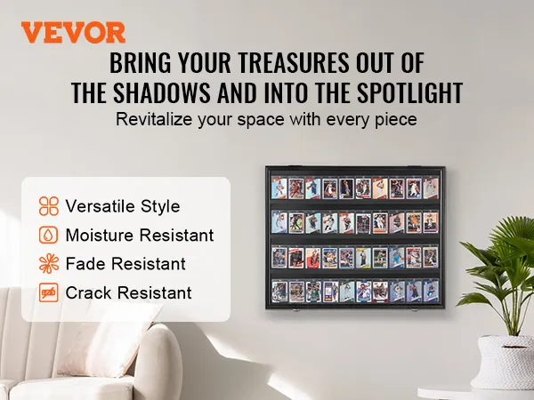 VEVOR sports card display case on wall, couch, and plant in a bright room with motivational text.