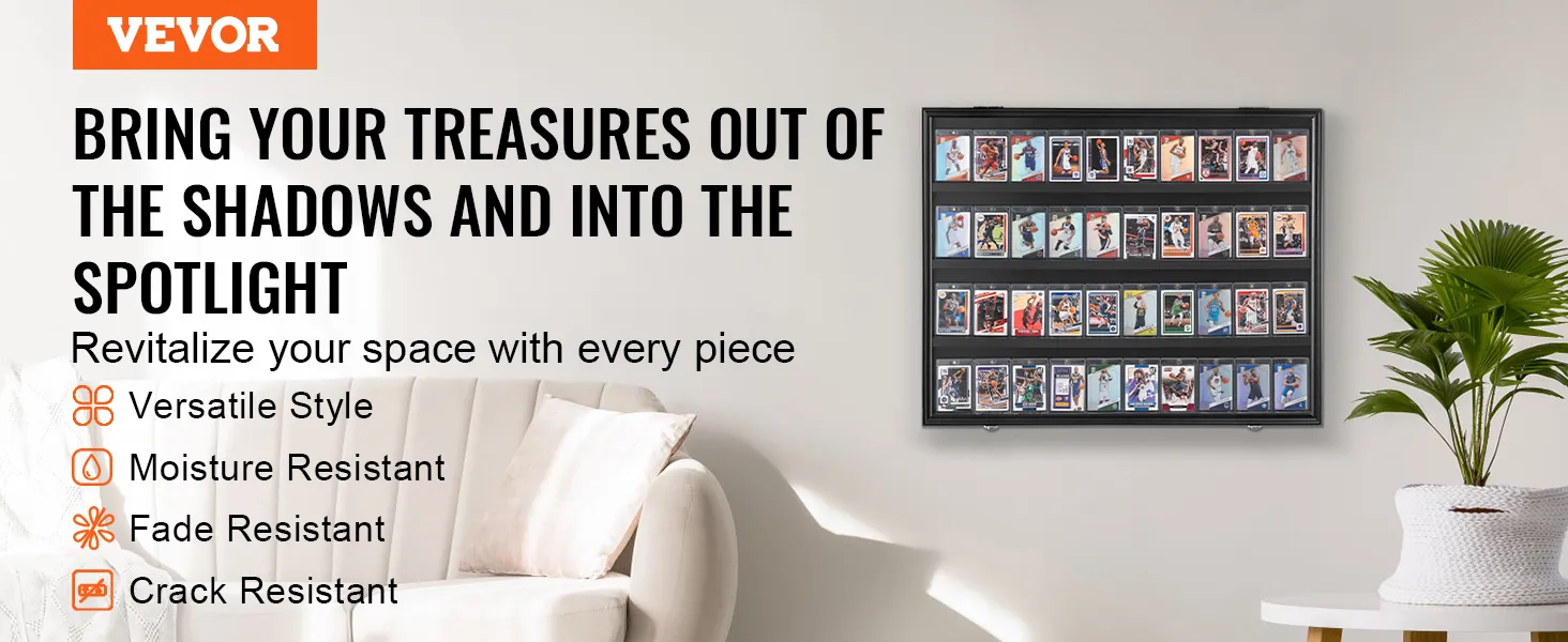 VEVOR sports card display case on wall, couch, and plant in a bright room with motivational text.