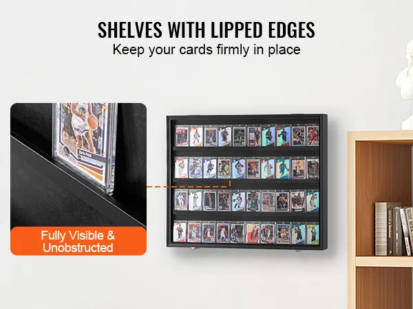 VEVOR sports card display case with lipped shelves keeping cards securely in place on a wall.