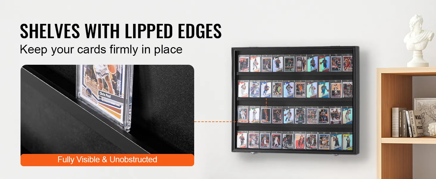 VEVOR sports card display case with lipped shelves keeping cards securely in place on a wall.
